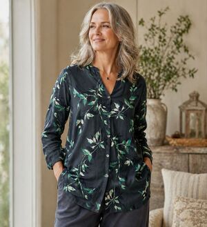 Pure Jill Leaf Print Tunic A Line Blouse Large Button V Neck Boho Floral Ecovero